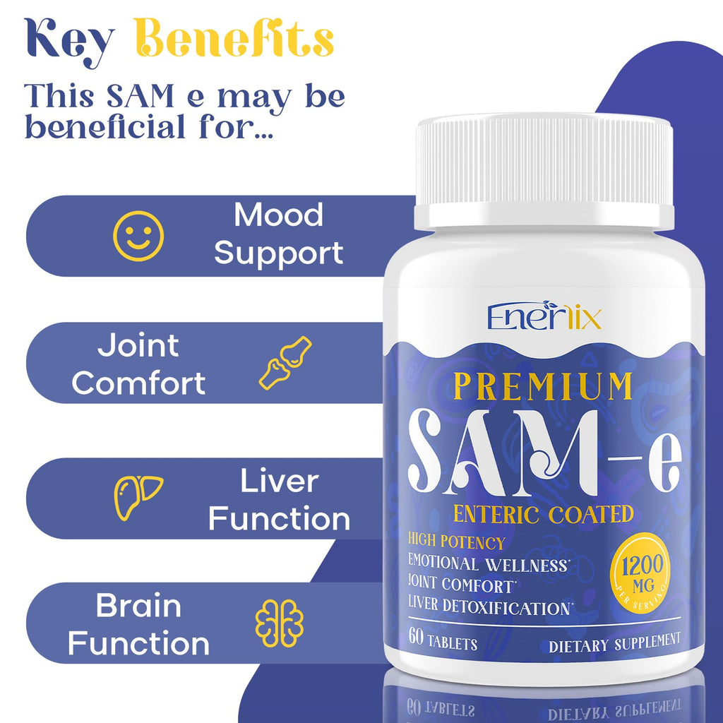 1200 MG SAM e Supplement for Brain, Mood, Joint, and Liver, High Absorption SAM-e (S-Adenosyl-L-Methionine) with CoQ10, 5-HTP, Enteric Coated 120 Tablets, Vegan