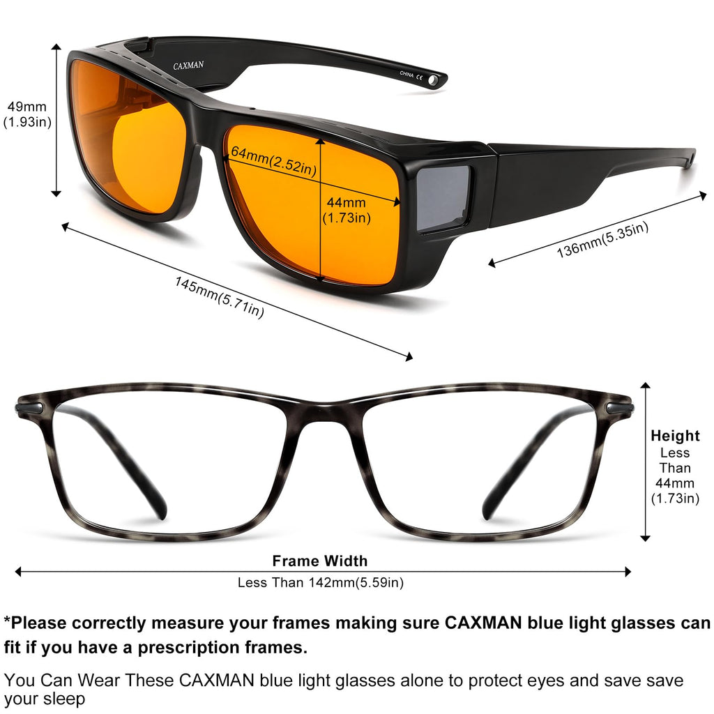 CAXMAN 99.9% Blue Light Blocking Glasses Sleep Glasses Orange Tinted Lens for Good Sleep Fit Over Glasses Fully Covered Your Eyes Black