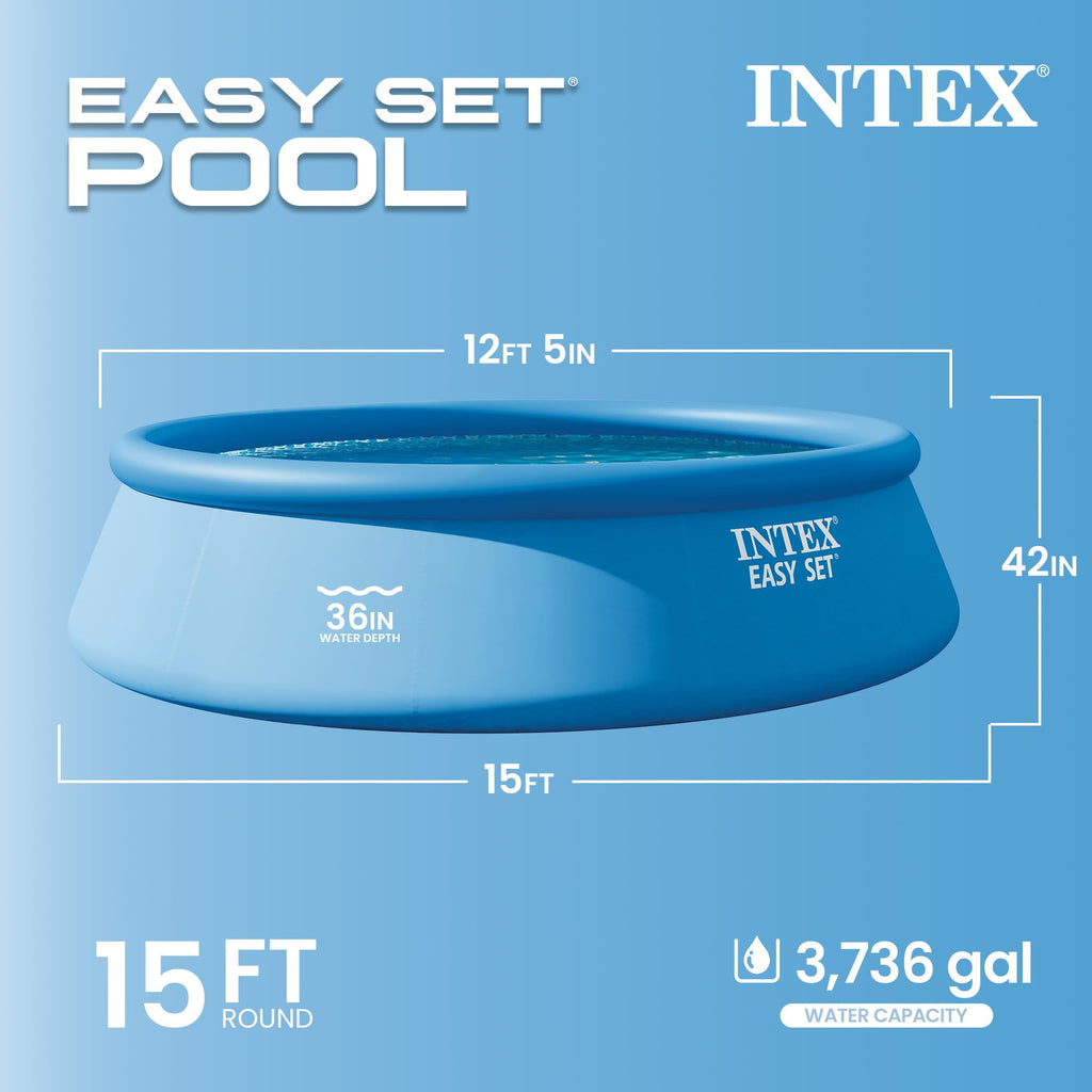 Intex Easy Set 15 ft x 42in Above Ground Pool Set, Round Inflatable Swimming Pool with 1000 GPH Cartridge Filter Pump, Ladder, Cover, & Ground Cloth