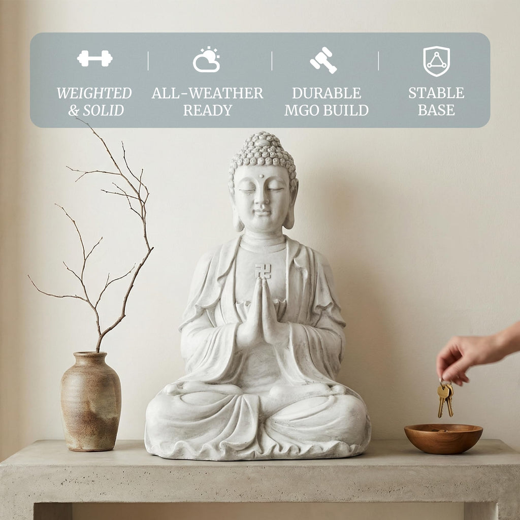 Greens Word Sculptures Buddha Statue, Garden Statues 23.6 Inch Tall, Large Magnesium Oxide Praying Buddha Sculpture Indoor & Outdoor, Spiritual Statue for Home Decor Yard Porch Patio, White