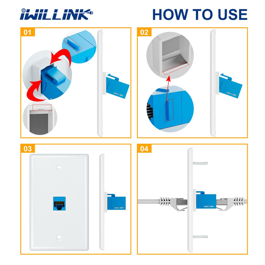 iwillink (10-Pack) Ethernet Wall Plate, 1-Port Keystone Jack Wall Plate with RJ45 Keystone Inline Coupler insert, Female to Female Cat6 Wall Plate, Blue
