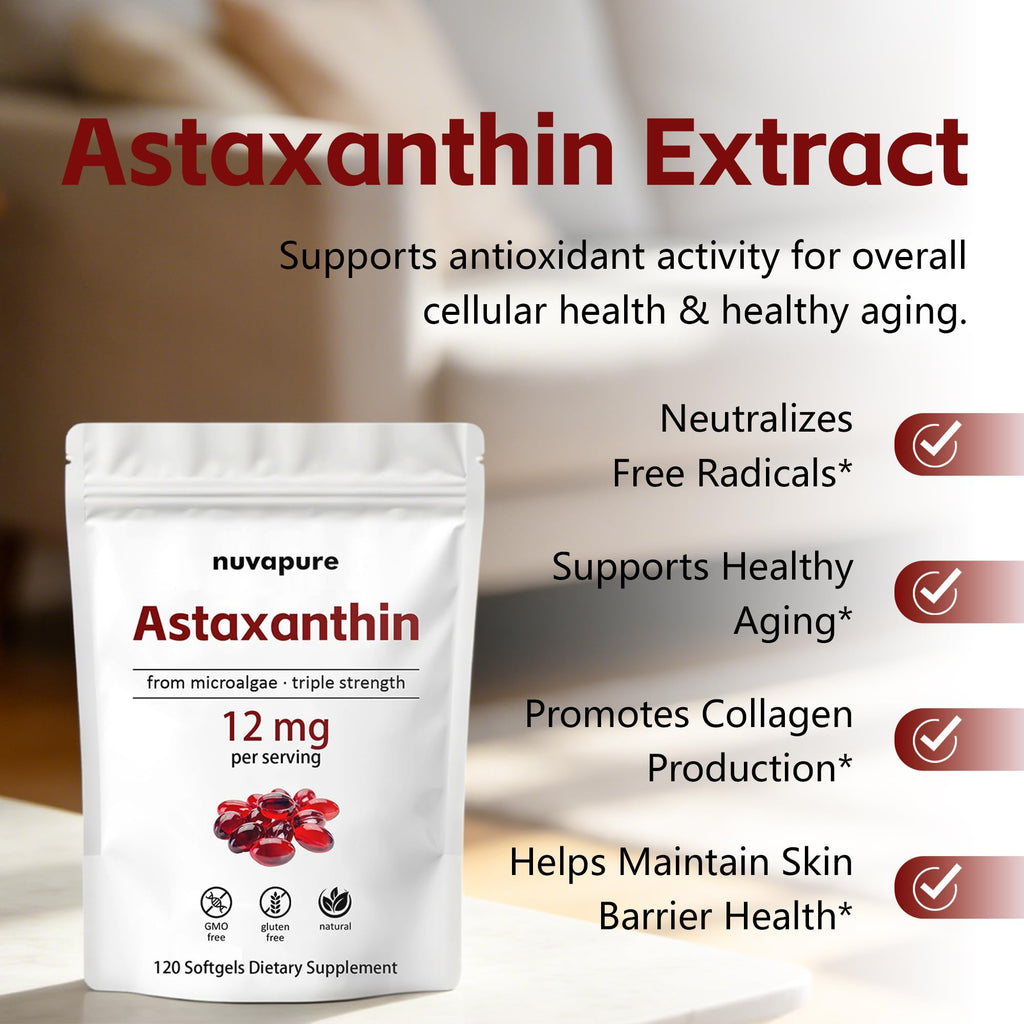 SHAPEGUARD NuvaPure Astaxanthin 12mg Softgels – Triple Strength Astaxanthin from Microalgae, Non-GMO, Gluten Free, Antioxidant Dietary Supplement, 120 Softgels
