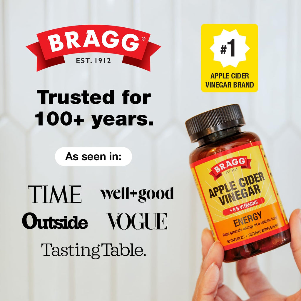 Bragg Energy Apple Cider Vinegar Capsules with B-12 Vitamins - 90 Capsules - Weight Management - Non-GMO, Vegan, Gluten Free, No Sugar - Helps Generate Energy at Cellular Level for Men and Women