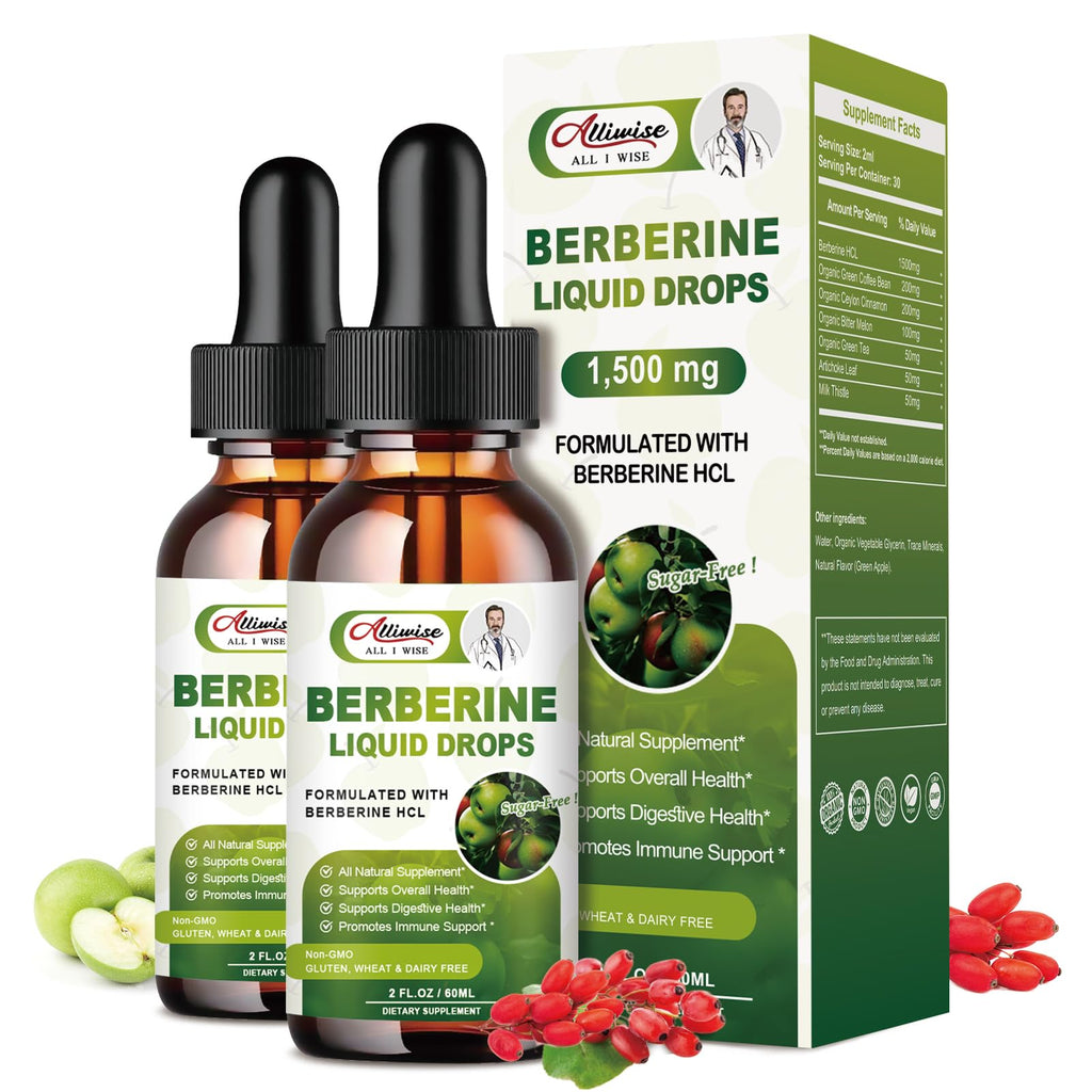 Alliwise 2 Pack Berberine Supplement Liquid Drops for Immune System & Digestive System Supports -Premium Berberine HCL 1500mg with Pure Ceylon Cinnamon -4 Fl Oz