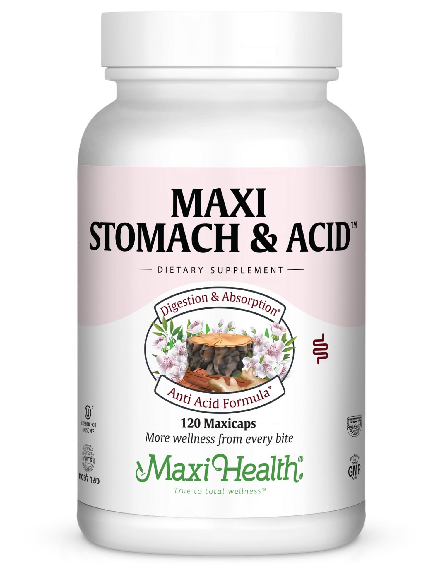 Maxi Health Stomach Soothe – Full Spectrum Acid Soothe Formula for Occasional Digestive Concerns & Stomach Comfort – Made with Slippery Elm Bark Powder – Kosher, 120 Capsules