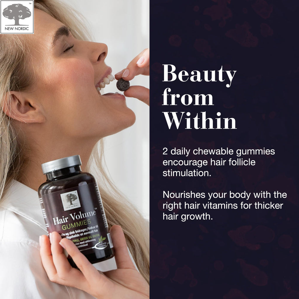 NEW NORDIC Hair Volume Gummies, 2500 mcg Biotin, Daily Hair Vitamins Supplement to Support Hair Skin & Nails, Vegan, 60 Count (Pack of 3)