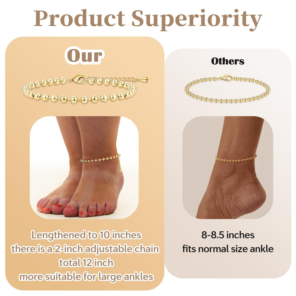 Poxtex Extra Large Anklets for Women Large Ankle, 14K Real Gold Dainty Anklets for Women Waterproof, 10"+2" Adjustable Large Ankle Bracelets for Women Plus Size, Ankle Bracelets for Women Trendy,