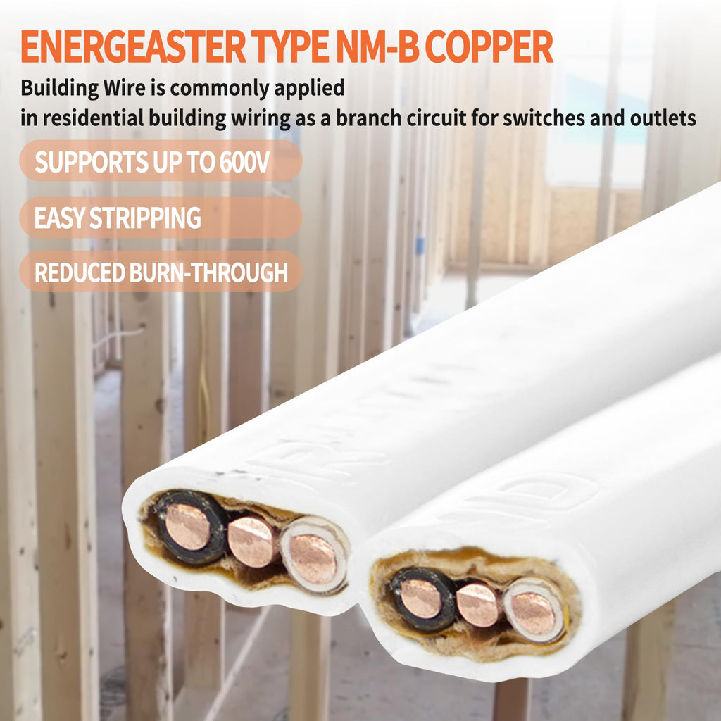 Energeaster Solid Indoor 14/2 W/G NMB Cable 100ft Coil，Electrical Wire 14 Gauge Wire 2 Conductors Non-Metallic with Ground Wire(White)