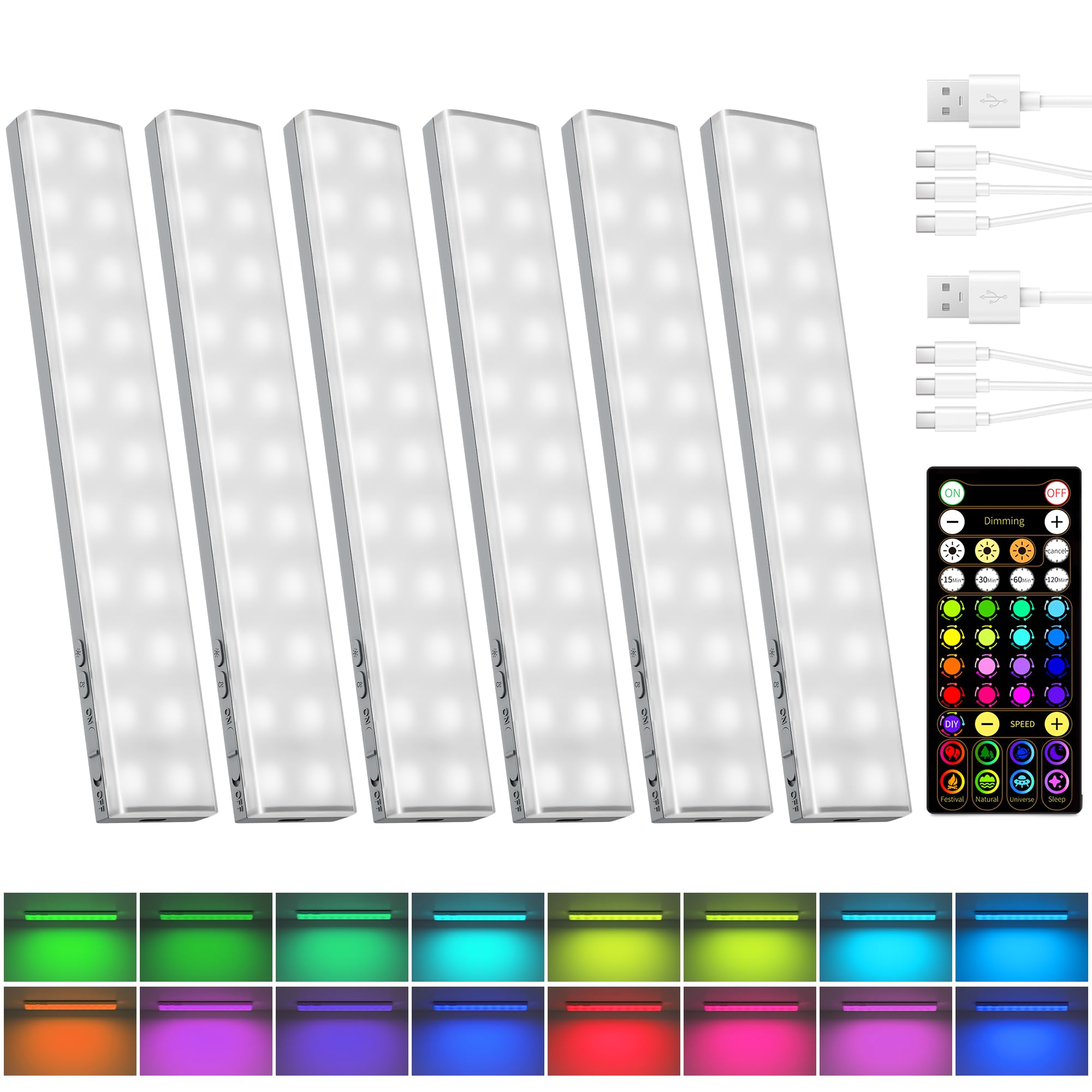 EZVALO 80RGB Color Changing Under Cabinet Lighting Wireless, 1800mAh Rechargeable Led Strip Shelf Lights, Timer & Dimmable Bar Light with Remote for Kitchen, Bedroom, Display Case, Car, 6Pack