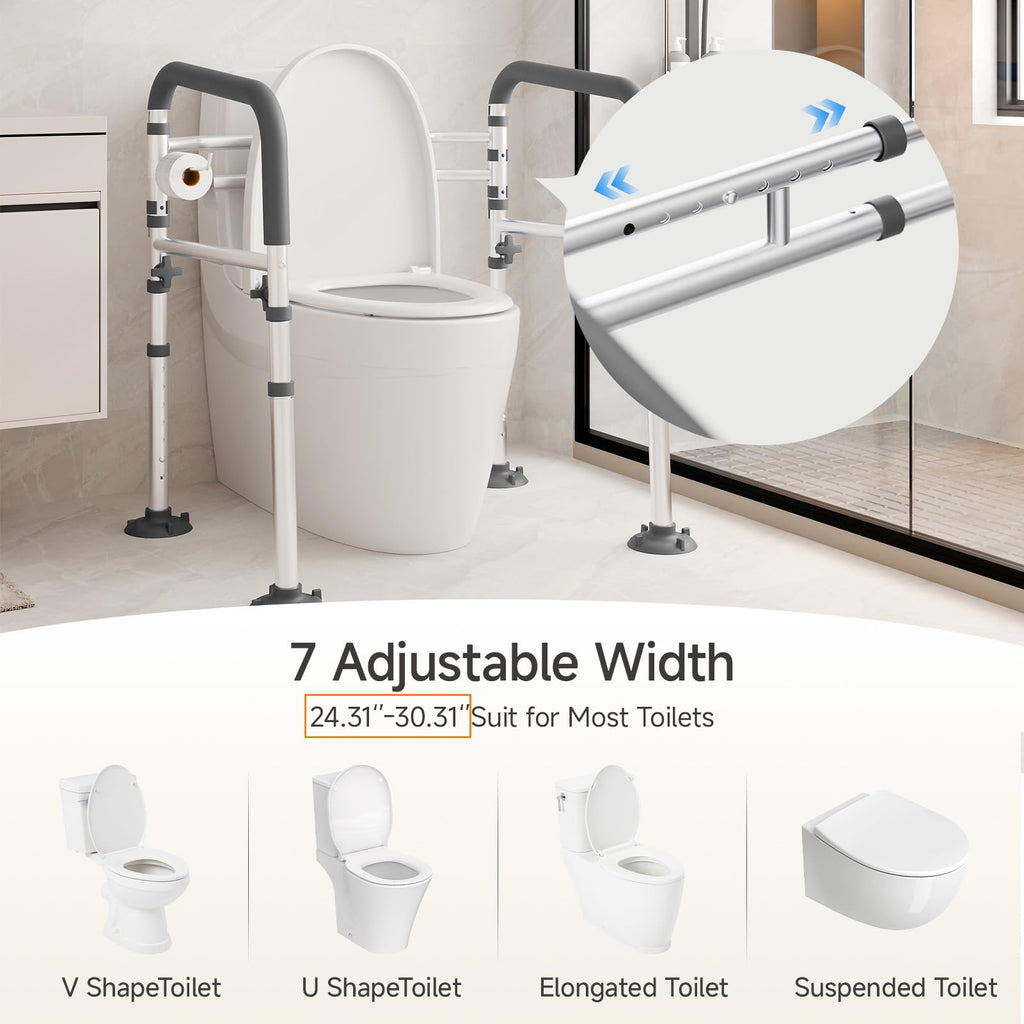 Loyoda Toilet Safety Rails,Height-Adjustable Toilet Frame Width-Adjustable Toilet Handles Foldable Toilet Rail Provides Support for Seniors ， Pregnant ，Disabled （Gray）