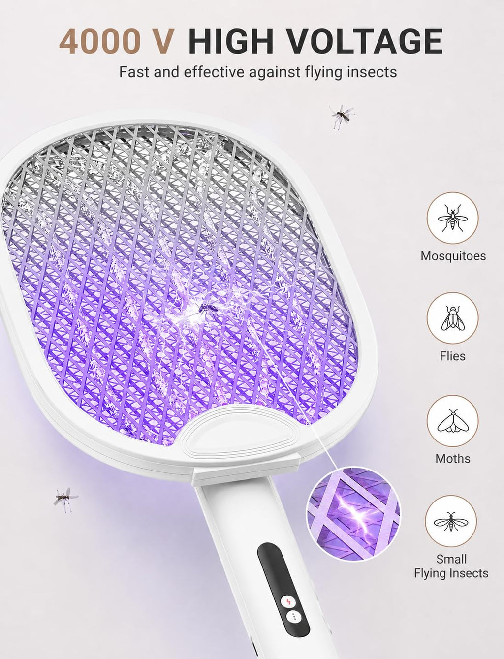 WOCVRYY Electric Fly Swatter 4000V Bug Zapper Racket with 1800mAh Rechargeable Battery 5-Layer Safety Mesh Dual Modes 180° Foldable Ideal for Indoor or Outdoor Use (White)