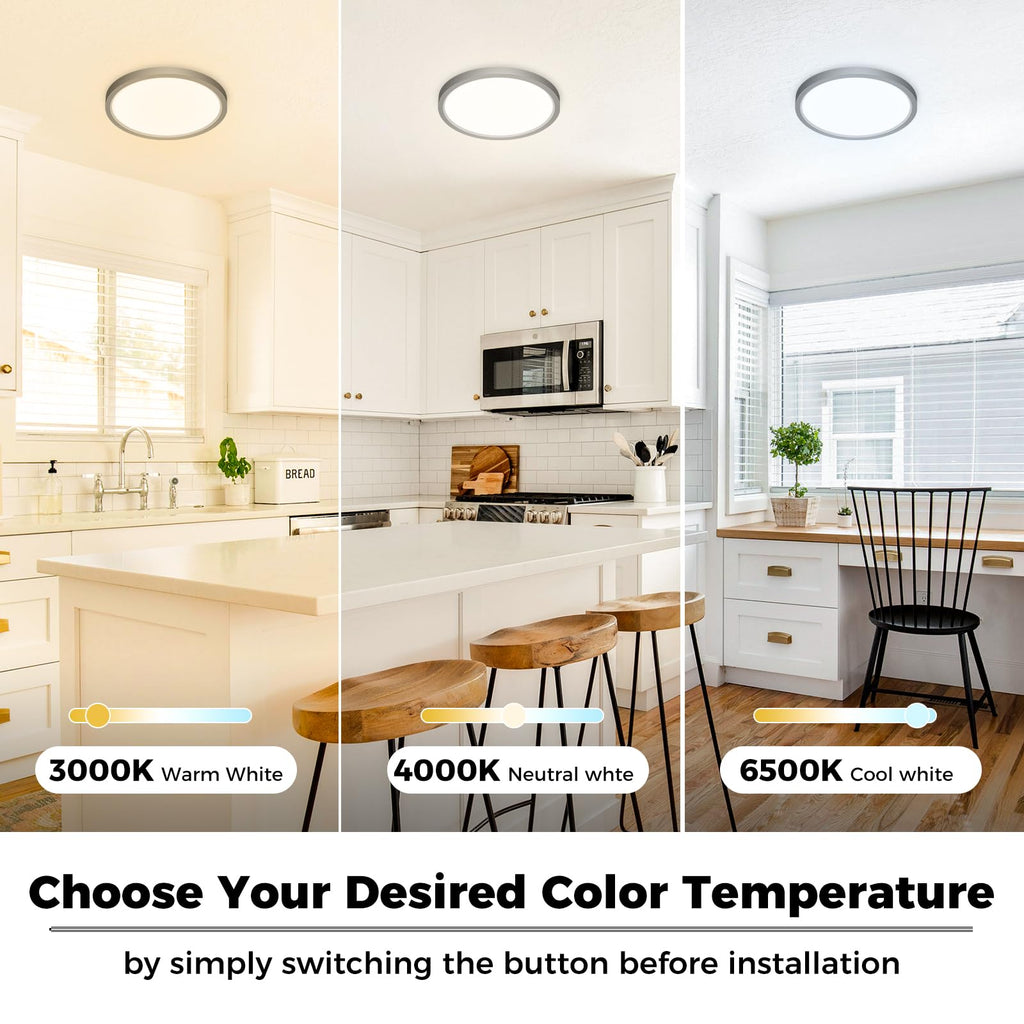 zemty 2Pack LED Ceiling Light Fixture 6.5 Inch, 12W 1200lm Ceiling Mount Light Fixtures, Adjustable 3000K 4000K 6500K, Round Flat Ceiling Lamp for Bathroom Closet Hallway Laundry (Black)