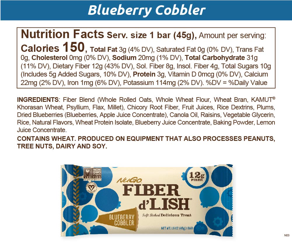 NuGo Fiber d'Lish Blueberry Cobbler, 12g High Fiber, Vegan, 150 Calories, 16 Count