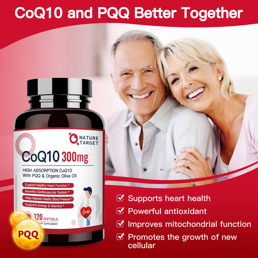 NATURE TARGET CoQ10-300mg-Softgels + PQQ with Organic-Olive-Oil - High Absorption-Coenzyme-Q10 - Antioxidant-for-Heart-Health and Immune Support, Energy Production, 120 Servings