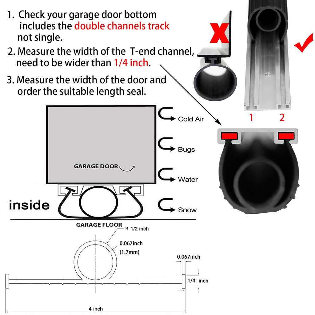 BOWSEN Garage Door Bottom Seals Weatherproof Weather Stripping Threshold Buffering Sealing High Performance EPDM Rubber Resistance Gasket Black 1/4 Inch T-End, 10FT Long