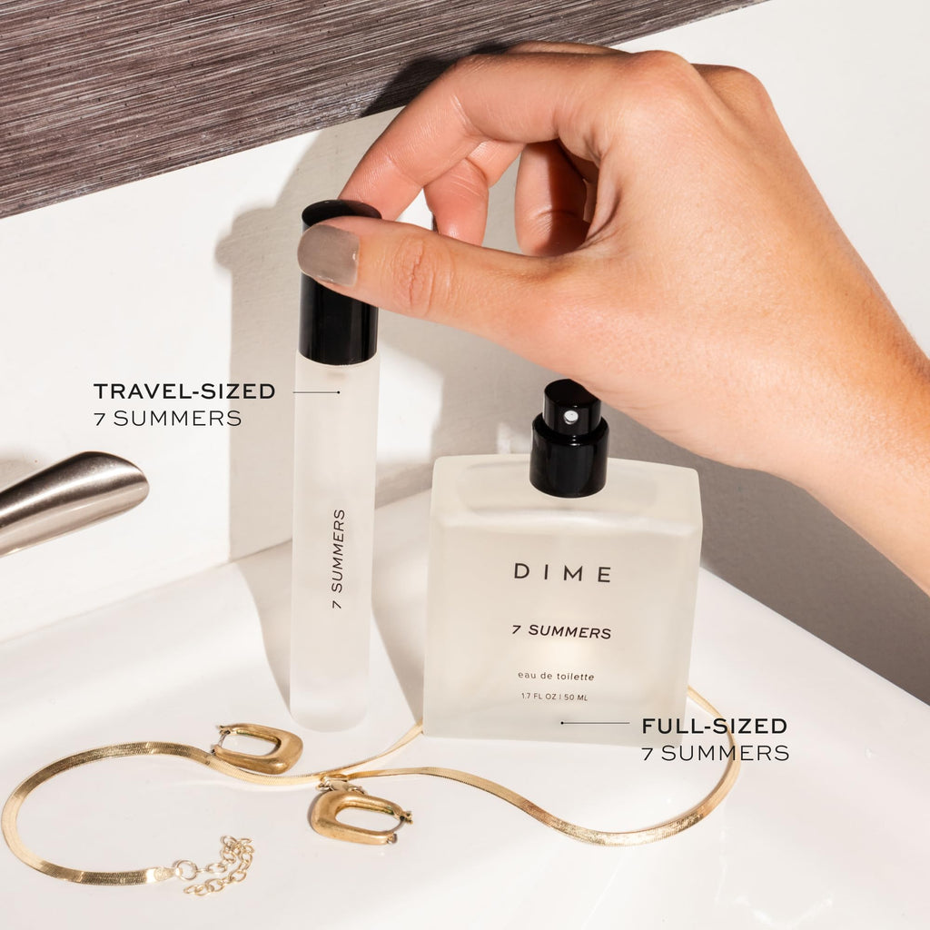 DIME Beauty 7 Summers Perfume Set ($87 Value) - Includes 50 ml + Travel Size 10 ml, Sweet Floral Scent, Clean Fragrance Eau de Toilette for Women, Hypoallergenic