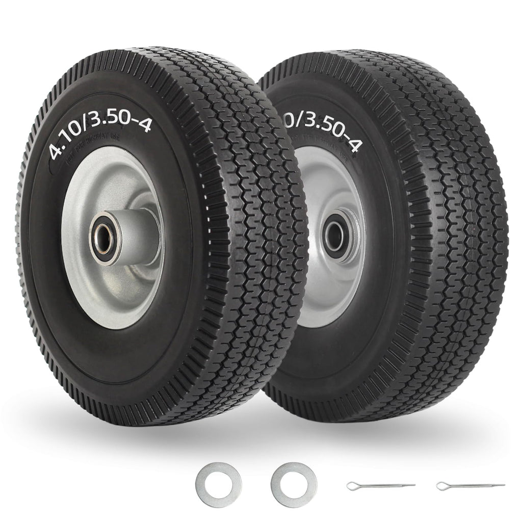 GICOOL 4.10/3.50-4" Flat Free Tire and Wheel, 10" Solid Tire with 5/8" Axle Bore Hole, 2.2" Offset Hub for Hand Truck Garden Wagon Cart Trolley Dolly Lawn Mover Replacement