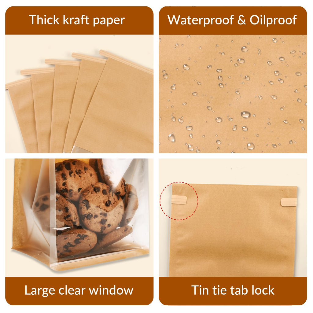 60 Pcs Bakery Bags with Window, 5.1x6.2x10.5 Inches Ties Lock Cookie Packaging Bag Resealable Paper Treat Bags for Homemade Breads, Popcorn, Candies,Treats, Snacks, Baked Goods Packaging
