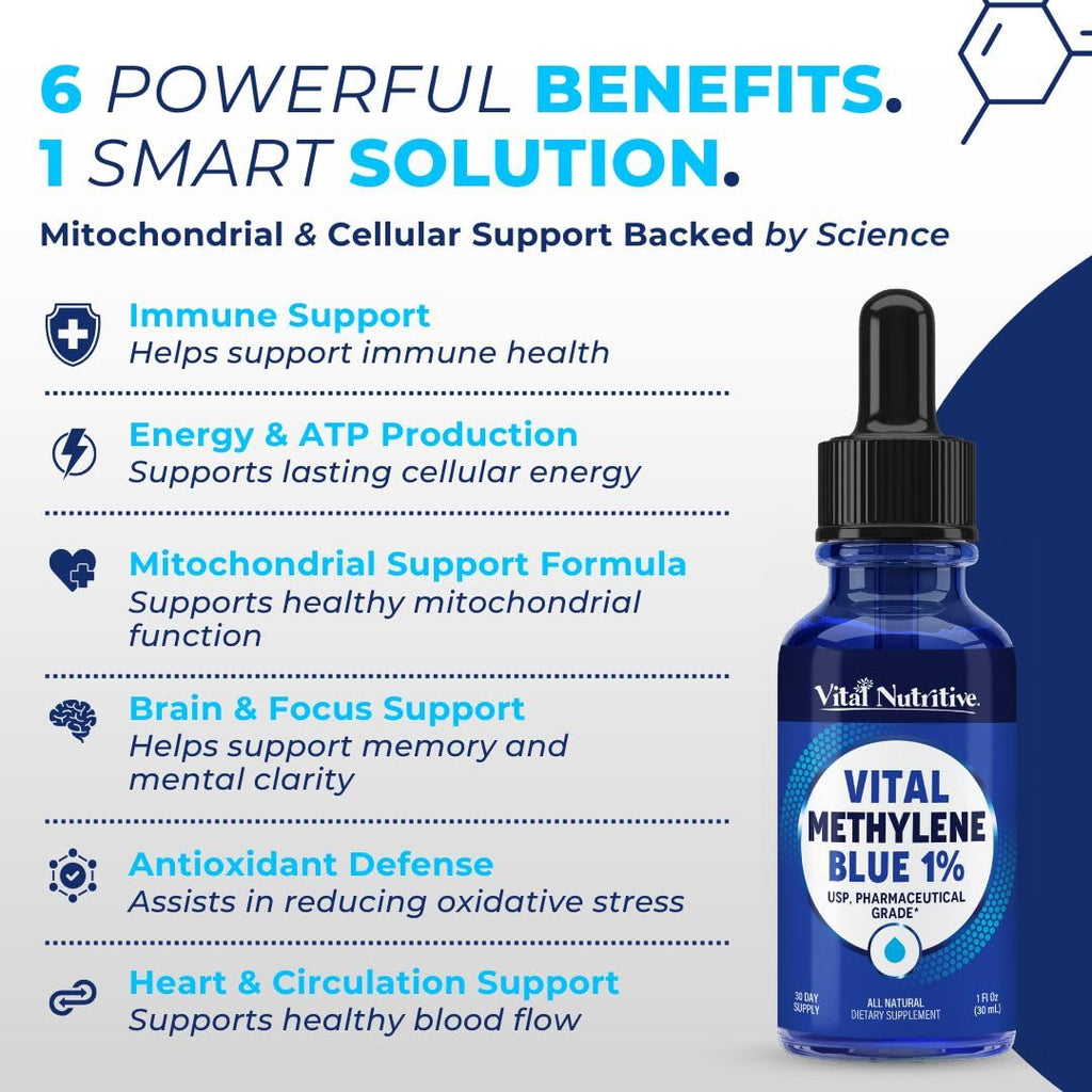 Vital Methylene Blue Drops 1% – Pharmaceutical Grade Methylene Blue for Humans, Supports Cellular Energy & Cognitive Balance, Vegan, Non-GMO – 1 fl oz (30 mL)