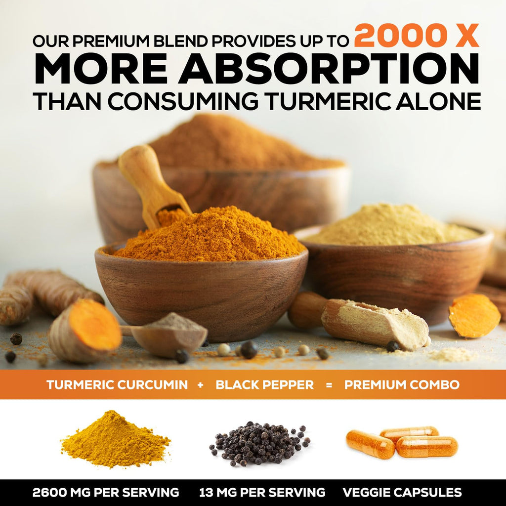 Turmeric Curcumin Supplement 2600mg - 95% Curcuminoids with Organic Turmeric & BioPerine Black Pepper Extract for Best Absorption, Natural Vegan Joint Support, Non-GMO, Bottled in USA - 240 Capsules