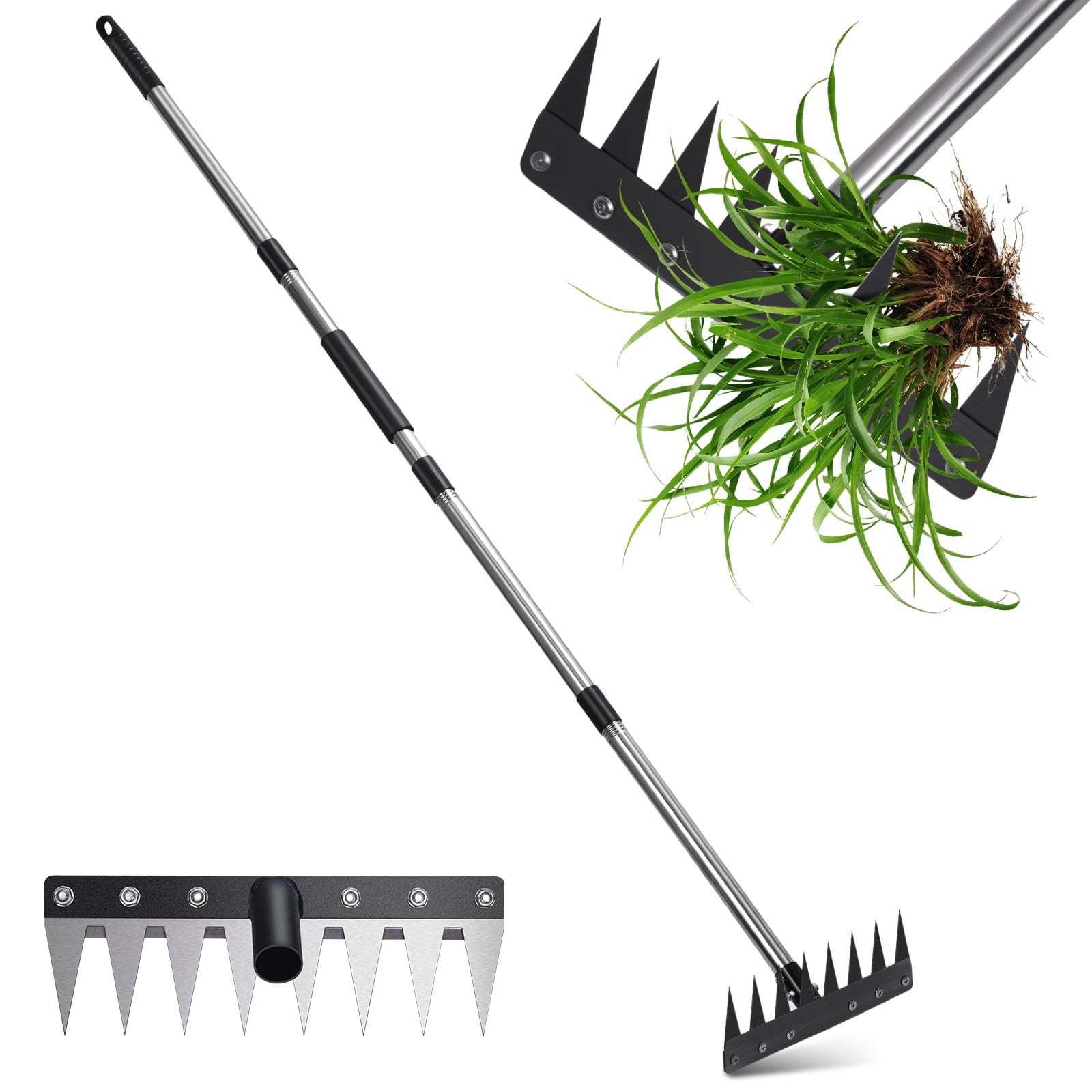 Garden Weed Pulling Tool with Long Handle, Garden Hoe and Weed Rake