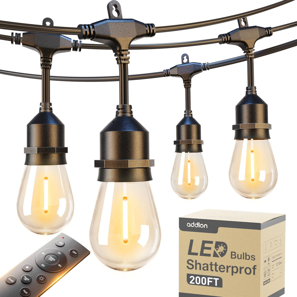 addlon 200FT Outdoor String Lights LED with Remote Dimmable Patio Lights Waterproof Shatterproof Edison Bulb for Outside Backyard Porch Garden Bistro Pergola Party Decor, Warm Ambience Lighting
