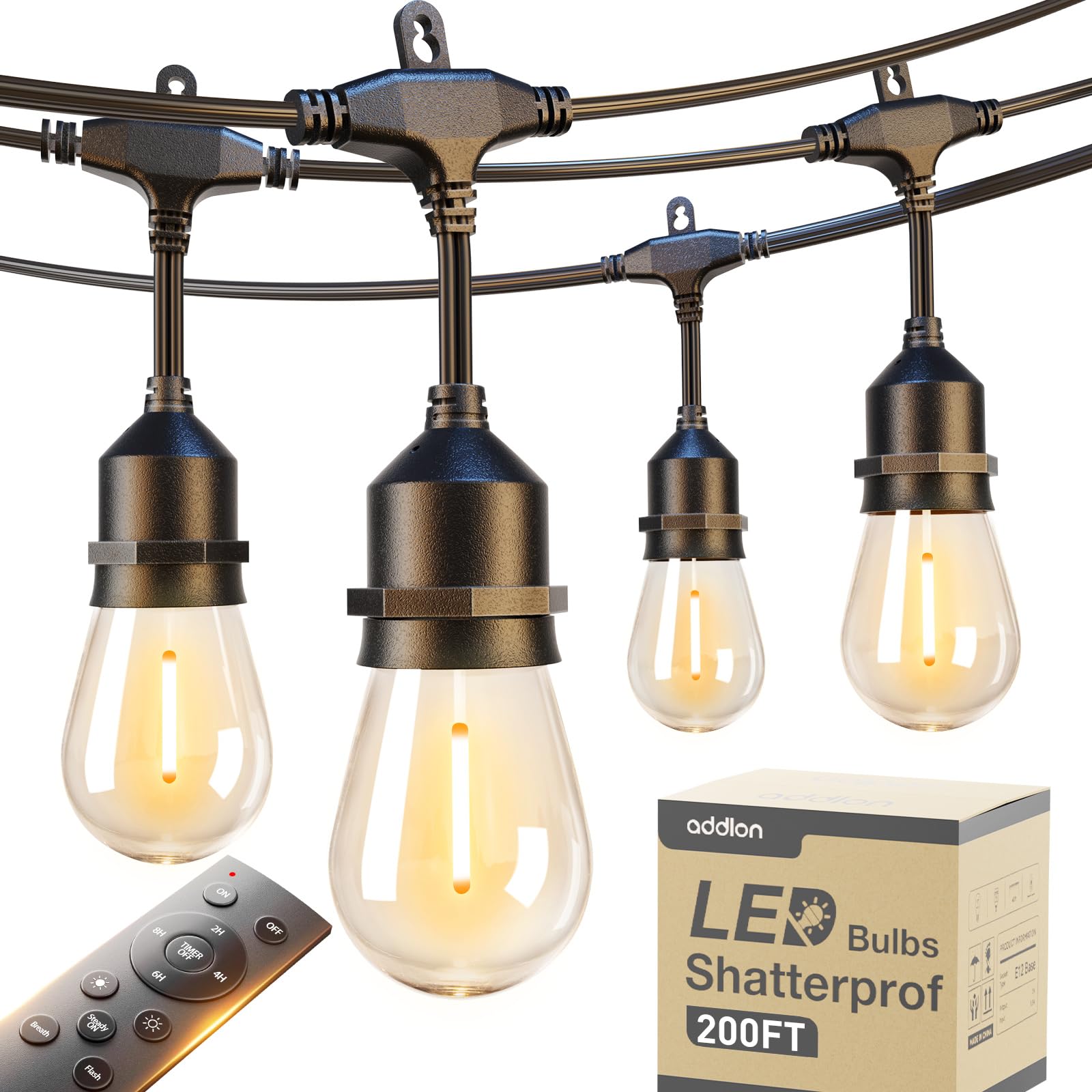 addlon 200FT Outdoor String Lights LED with Remote Dimmable Patio Lights Waterproof Shatterproof Edison Bulb for Outside Backyard Porch Garden Bistro Pergola Party Decor, Warm Ambience Lighting