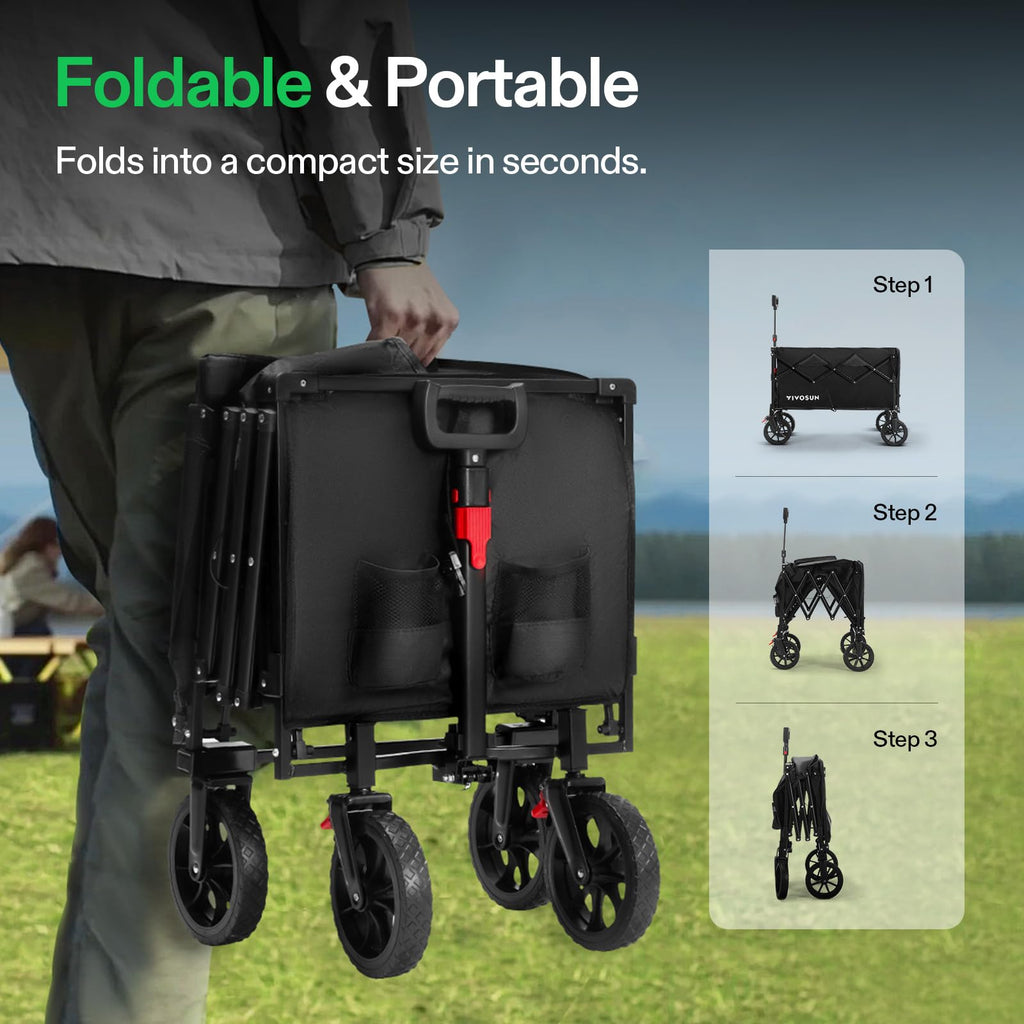 VIVOSUN Collapsible Wagon with Tailgate, 320lb Load-Bearing Outdoor Utility with All-Terrain Wheels, Adjustable Handle, Cup Holders for Camping, Shopping, Garden, Sports, Picnic, Black
