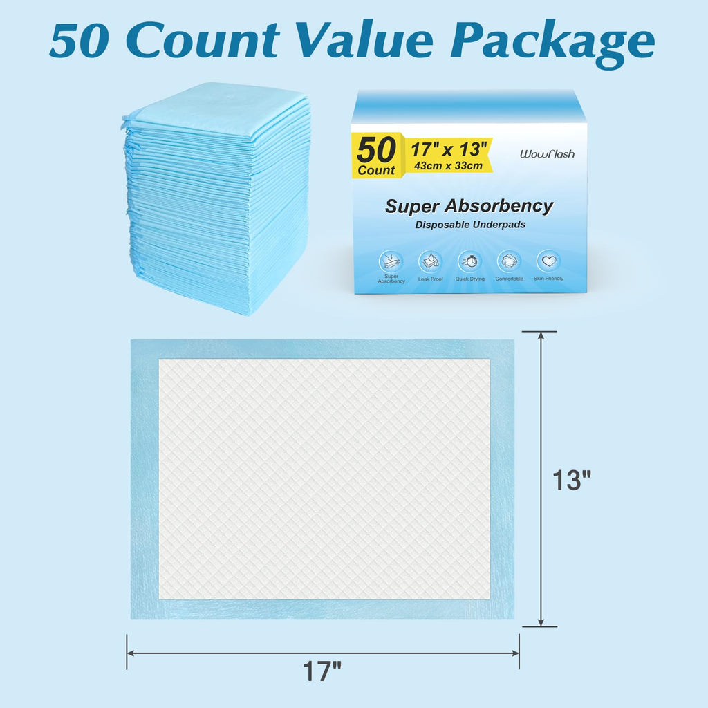 50 Count Super Absorbency Disposable Underpads, Leakproof Quick Drying Disposable Pads for Baby, Puppy and Adults, Disposable Changing Pads for Baby, Disposable Diaper Changing Pads, 17” x 13”