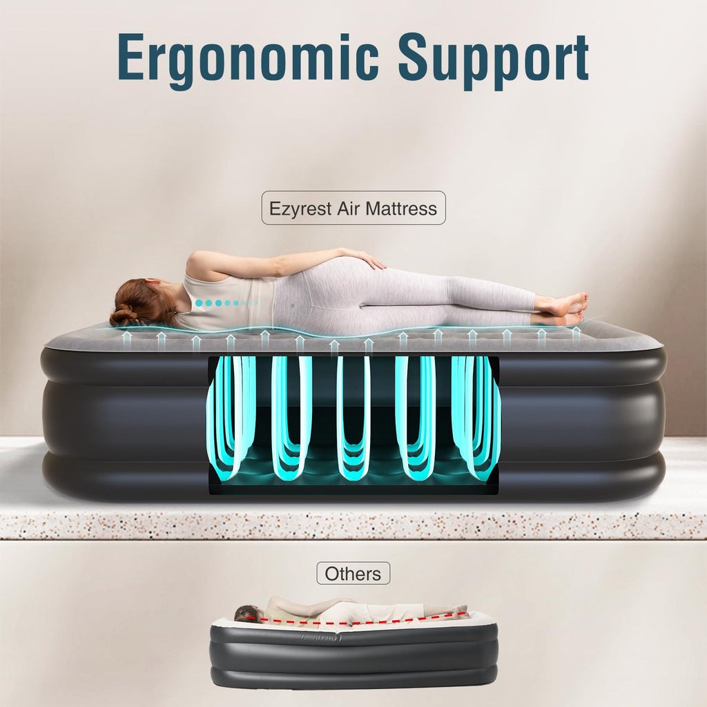 Ezyrest Twin Air Mattress Twin with Built in Pump 16" Double Height Inflatable Mattress with Soft Flocked Top & Carry Bag Adjustable Blow Up Mattress Portable Air Bed for Guest Indoor Travel-Black