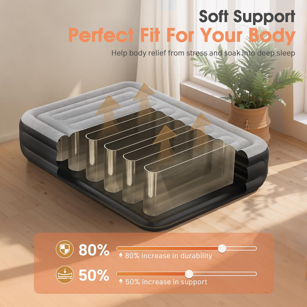 Air Mattress Queen with Built in Pump,18'' Inflatable Mattress 2 Mins Self-Inflation/Deflation,Thicker Blow up Mattress Leak-Proof,Flocked Top Air Bed with Storage Bag for Home, Camping & Guests