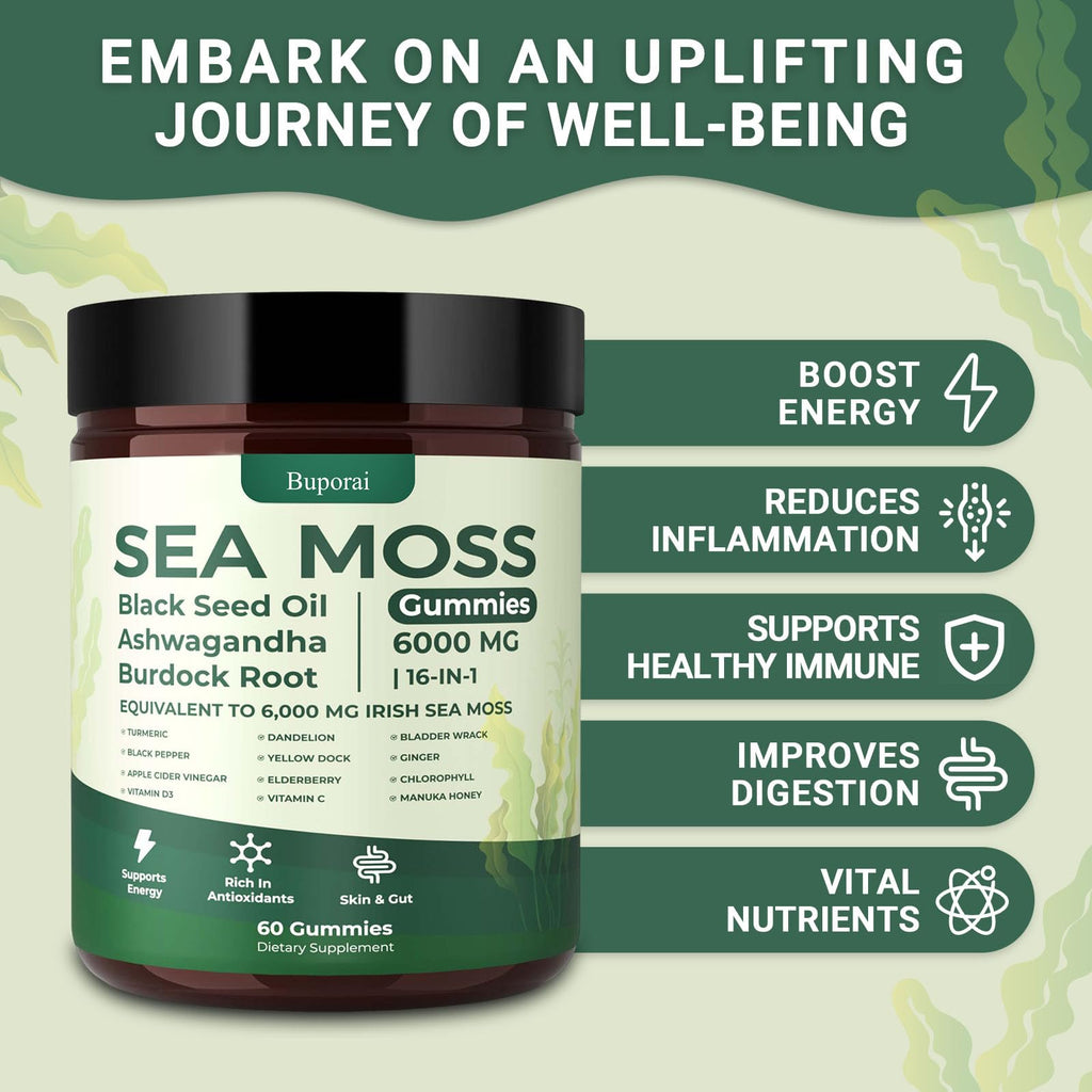 Buporai Sea Moss Gummies 16-1, Black Seed Oil Ashwagandha Turmeric Bladder Wrack Vitamin C Vitamin D3 Elderberry Manuka Dandelion Yellow Dock Apple Cider Vinegar for Men & Women