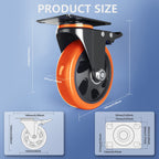 Casters Set of 4 Heavy Duty,5 Inch Caster Wheels with Brakes, Swivel Top Plate Casters No Noise Locking Castor with Polyurethane Wheels for Cart, Furniture,Workbench,Cabinet(Two Hardware Kits Include)