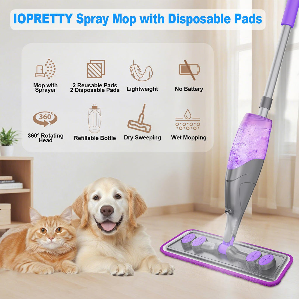 IOPRETTY Spray Mops for Floor Cleaning - Wet Dry Mops with 2 Washable + 2 Disposable Pads for Swiffer Powermop - Refillable Bottle for Hardwood Tile Home Kitchen - Absorbs Pet Hair Dust Stains