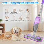 IOPRETTY Spray Mops for Floor Cleaning - Wet Dry Mops with 2 Washable + 2 Disposable Pads for Swiffer Powermop - Refillable Bottle for Hardwood Tile Home Kitchen - Absorbs Pet Hair Dust Stains