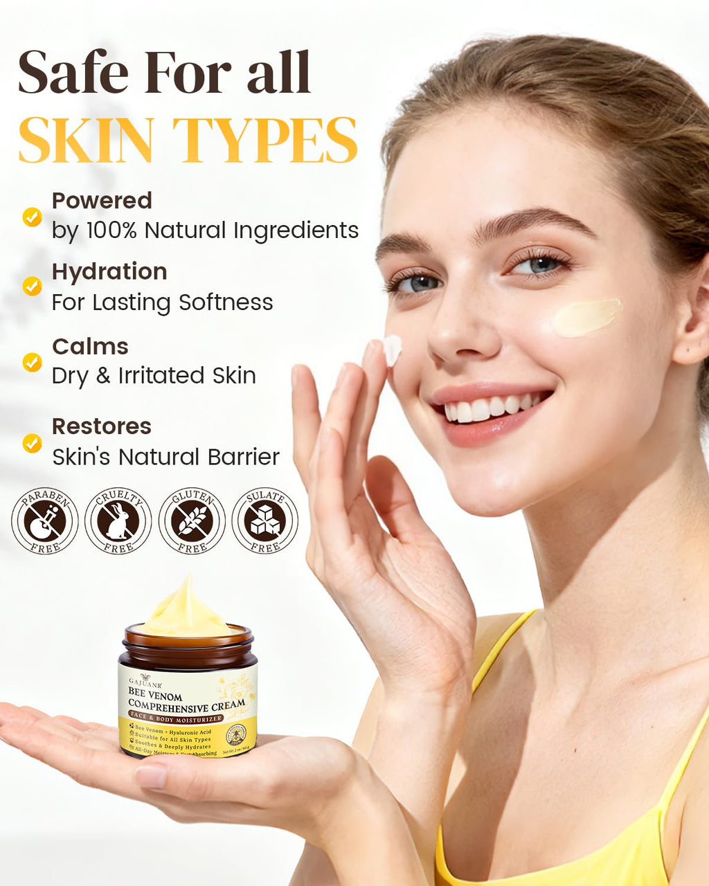 GAJUANR Bee Venom Moisturizing Cream, All-in-One Nourishing Moisturizer with Hyaluronic Acid, Firming & Hydrating Face and Body Cream, Natural Gentle Formula for All Skin Types (60g * 2PCS)