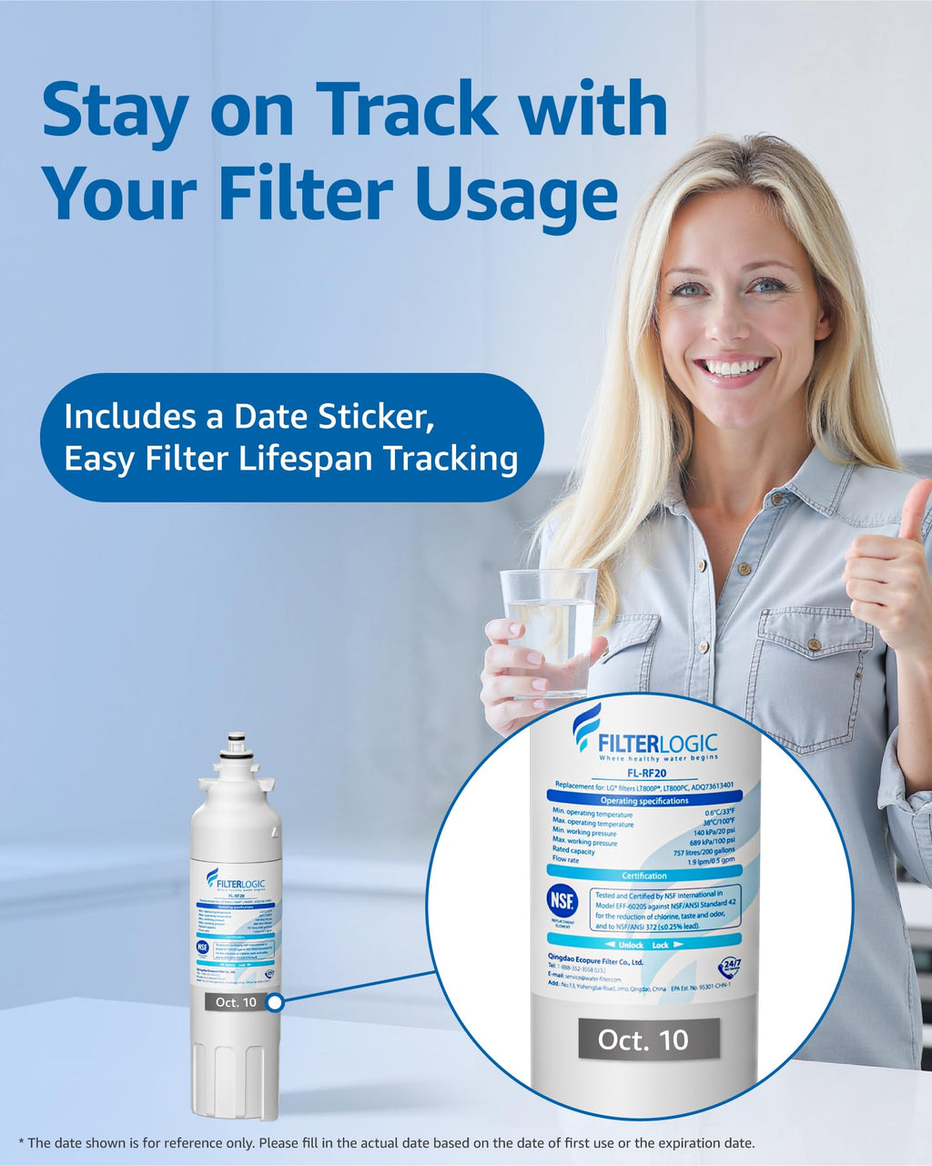 Filterlogic ADQ73613401 Refrigerator Water Filter, Replacement for LG® LT800P®, LT800PC, ADQ736134, ADQ73613402, LSXS26326S, LSXS26366S, LMXS30776S, LSXS26366D, LMXC23746S, 46-9490, 469490, Pack of 2