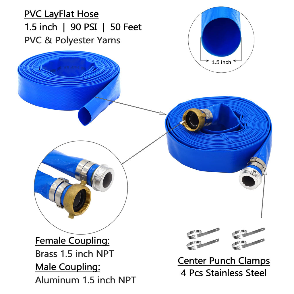DAVCO 1.5" ID × 50 ft Pool Backwash Hose, Heavy Duty Reinforced Blue PVC Lay Flat Water Discharge Pump Hoses For Swimming Drain Pools and Clean Filters, With Aluminum Pin Lug Fittings
