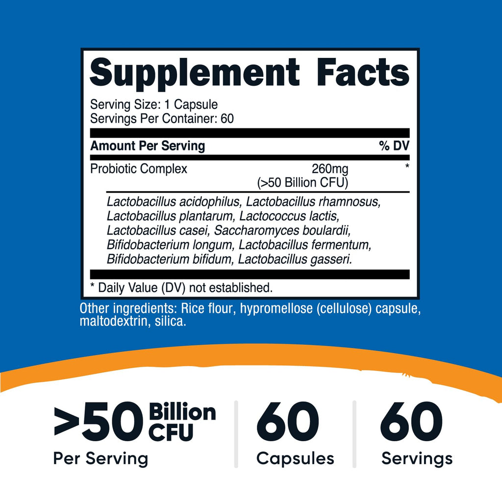 Nutricost Probiotic Complex - 50 Billion CFU, 60 Capsules - Probiotic for Men and Women - Vegetarian Capsules, Non-GMO, Gluten Free
