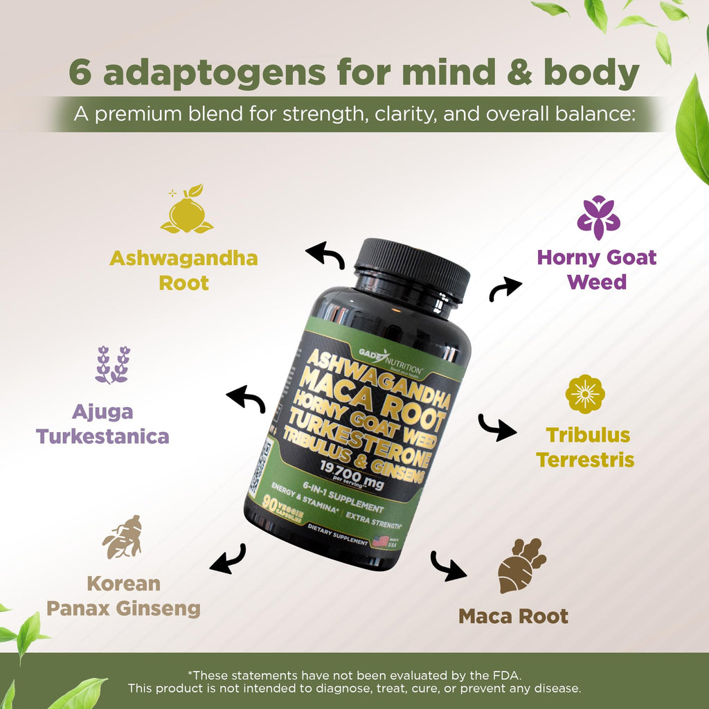 Gade Nutrition Ashwagandha with Maca Root, Horny Goat Weed, Turkesterone Supplement, Tribulus Terrestris, Panax Ginseng | 90 Vegetable Capsules for Energy, Stamina, Performance. | Made in USA