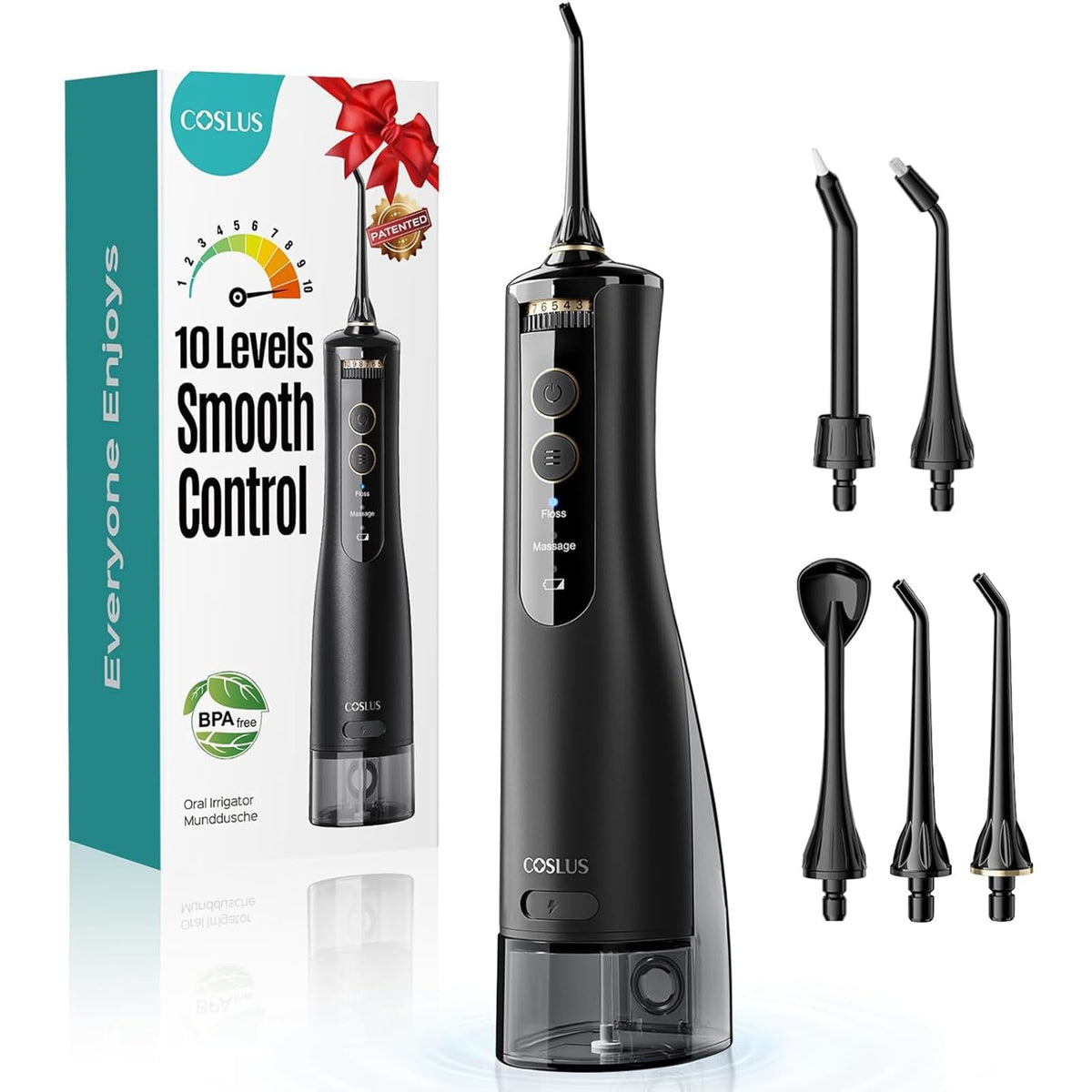 COSLUS ADA Accepted E40 Water Dental Flosser, 10 Pressure Levels, Black Pro