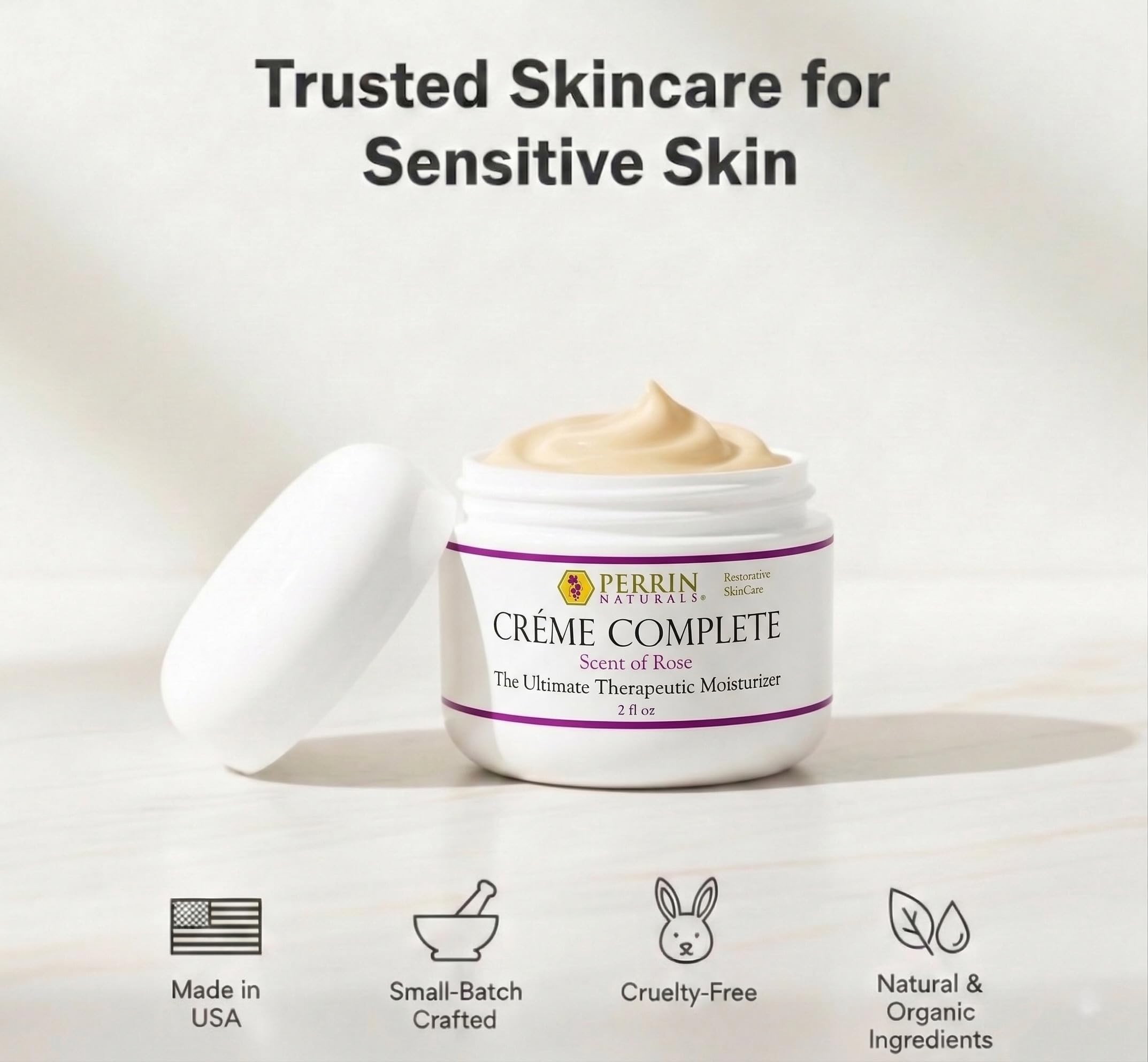 Perrin Naturals Crème Complete, Lichen Sclerosus treatment Cream for Dry Sensitive Skin, Restorative Anti Aging Face & Body Moisturizer with Barrier Support for Women, Scent of Rose, 2 oz