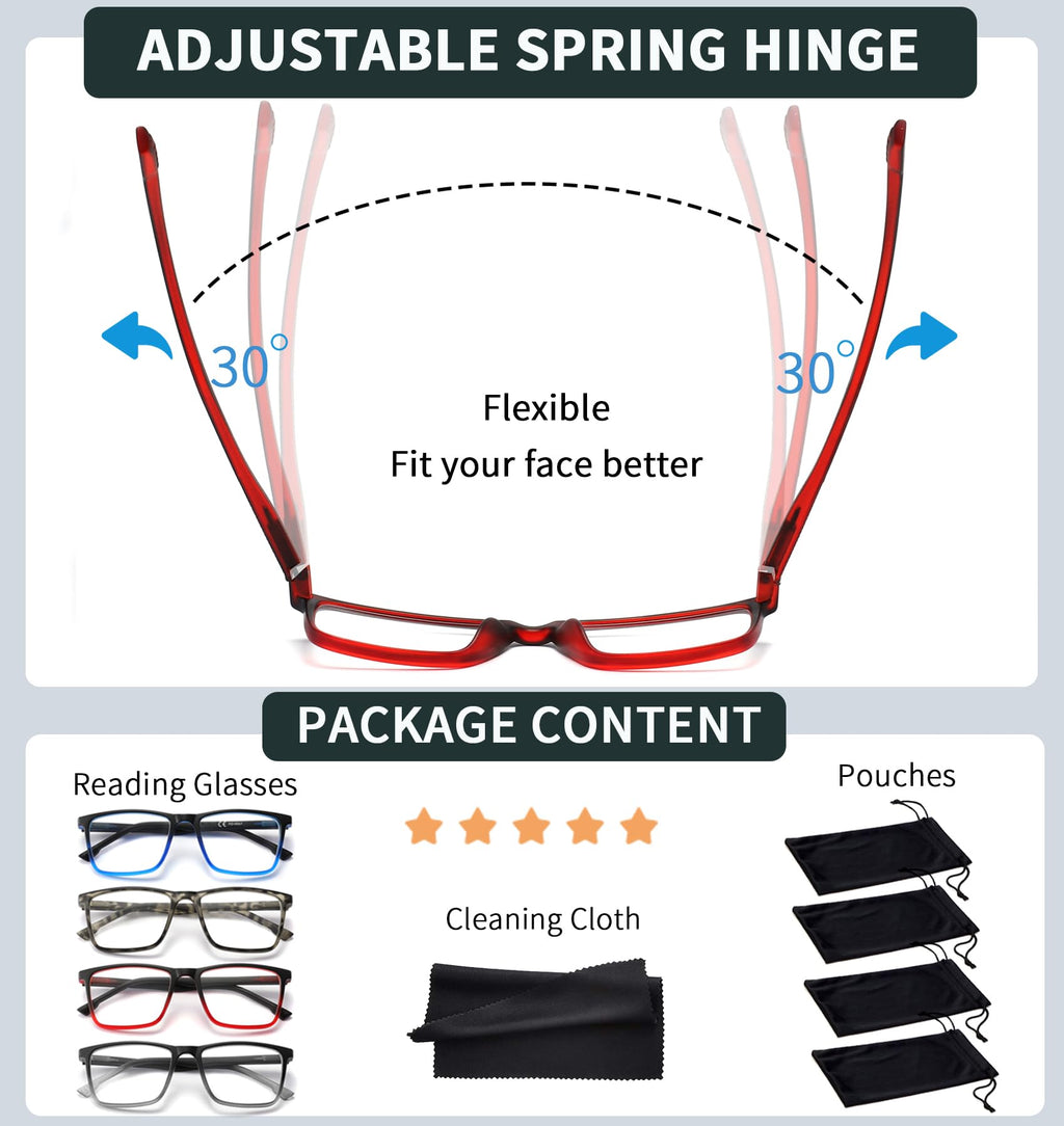 READITEASY Mens Reading Glasses 2.0+ Blue Light Blocking 4 Pack, Wide Computer Readers for Men with Spring Hinge Reduce Eyestrain/UV/Dryness, Square Large Trendy Eyeglasses 2.0