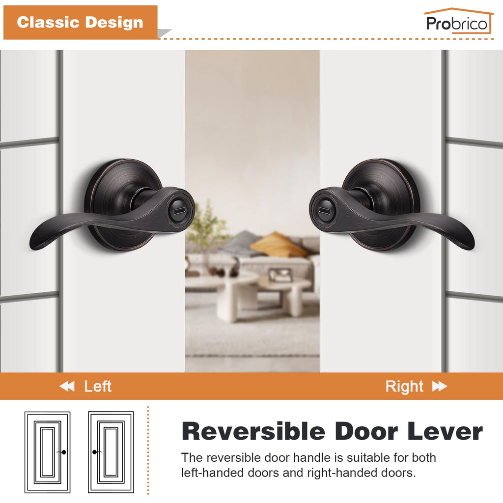 Probrico Oil Rubbed Bronze Privacy Door Levers Interior Keyless Handles Lock Set Leversets (Bed and Bath),Left/Right Handed, 10 Pack
