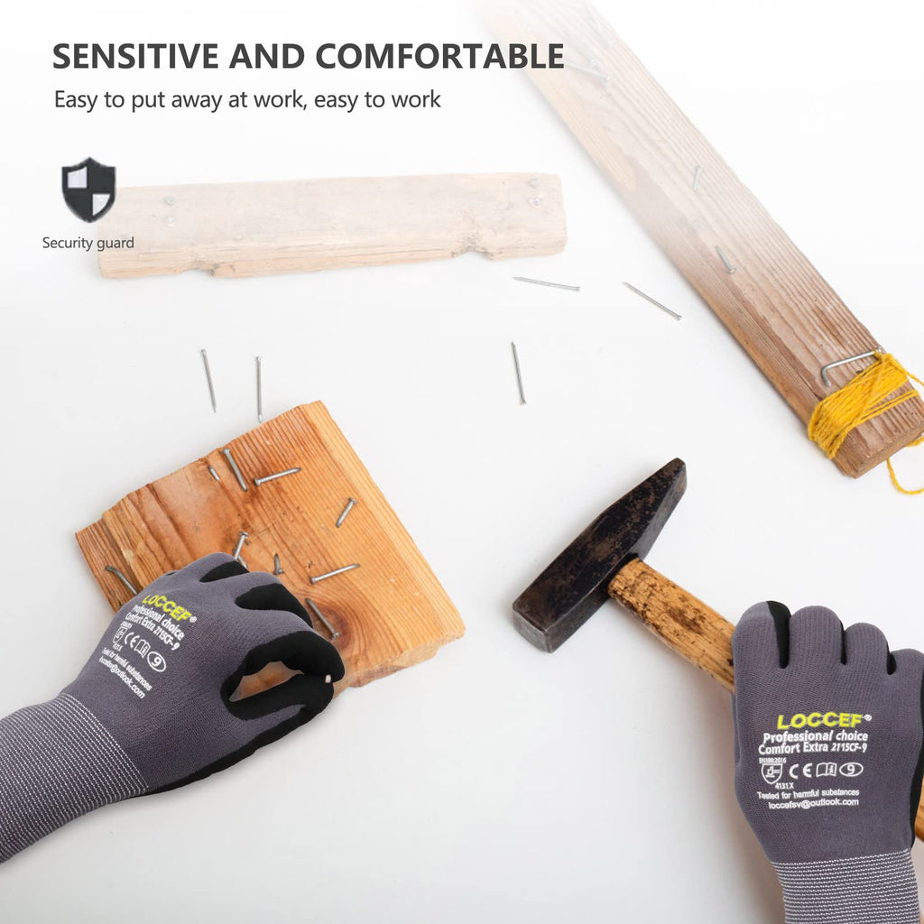 LOCCEF Work Gloves MicroFoam Nitrile Coated-6 Pairs,Seamless Knit Nylon Gloves,Gray Work gloves (Grey 36-Pairs, 10/XL)