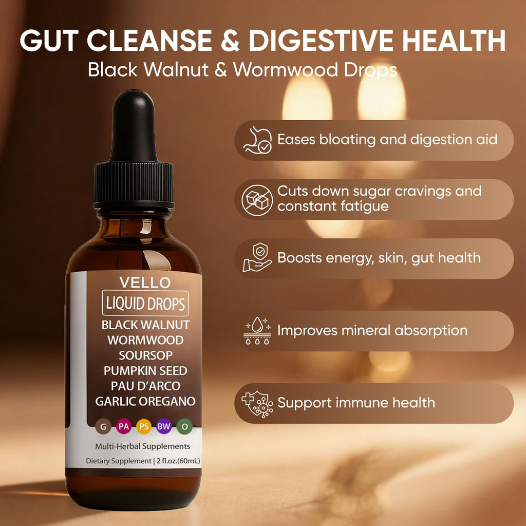 Vello Black Walnut Wormwood Gut Cleanse, Wormwood Black Walnut Clove Drops with Garlic Oregano, Soursop, Pau D'arco, Pumpkin Seed Extracts, Support Gut & Digestion Balance, Improve Energy (2)