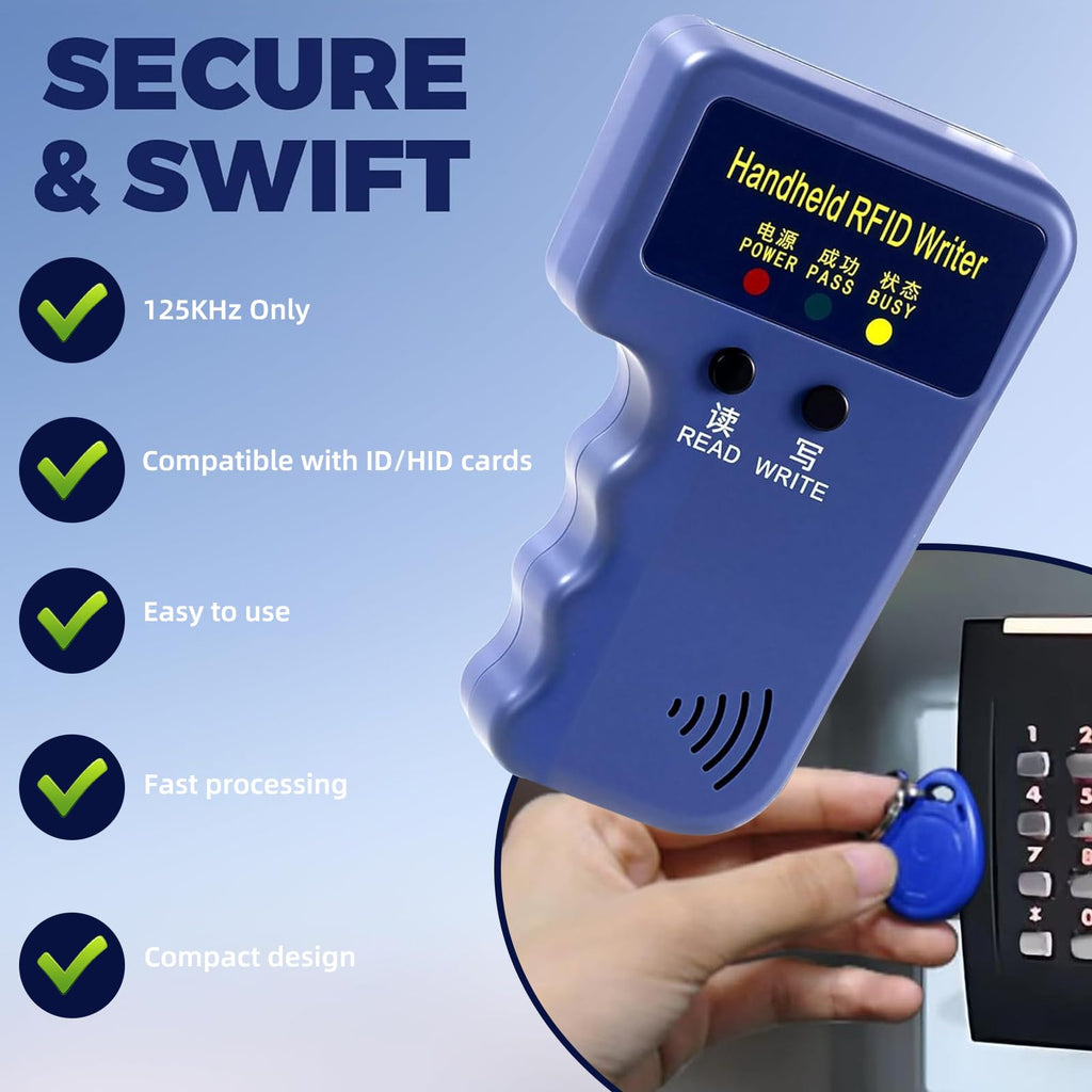 RFID 125KHz Card Reader Writer Handheld Smart ID Card for T5577 or EM4305, Includes 6pc White Card and 6pc Blank Writable T5577 Keychains Christmas Stocking Stuffers for Men