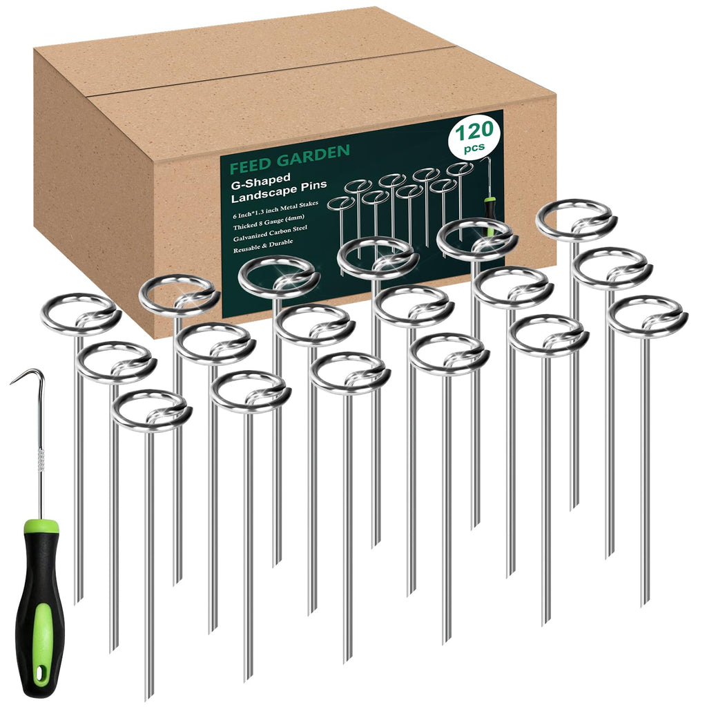 FEED GARDEN Heavy Duty Landscape Fabric Pins 8 Gauge 120 Pack with Pick Hook, 6 Inch Galvanized Round Head Garden Stakes for Weed Barrier Fabric, Turf, Sod, Tent, Garden Edging & Hard Soil