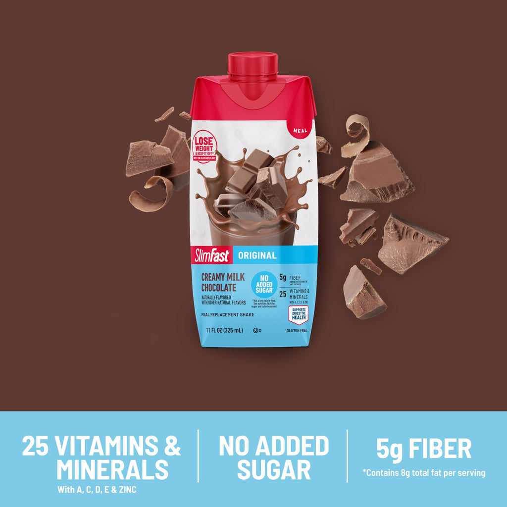 SlimFast Meal Replacement Shake, Original Creamy Milk Chocolate, No Added Sugar, Meal Replacement Shakes, 10g Ready to Drink Protein, 5g Fiber, 25 Vitamins and Minerals, 11 Fl. Oz, 12 Count