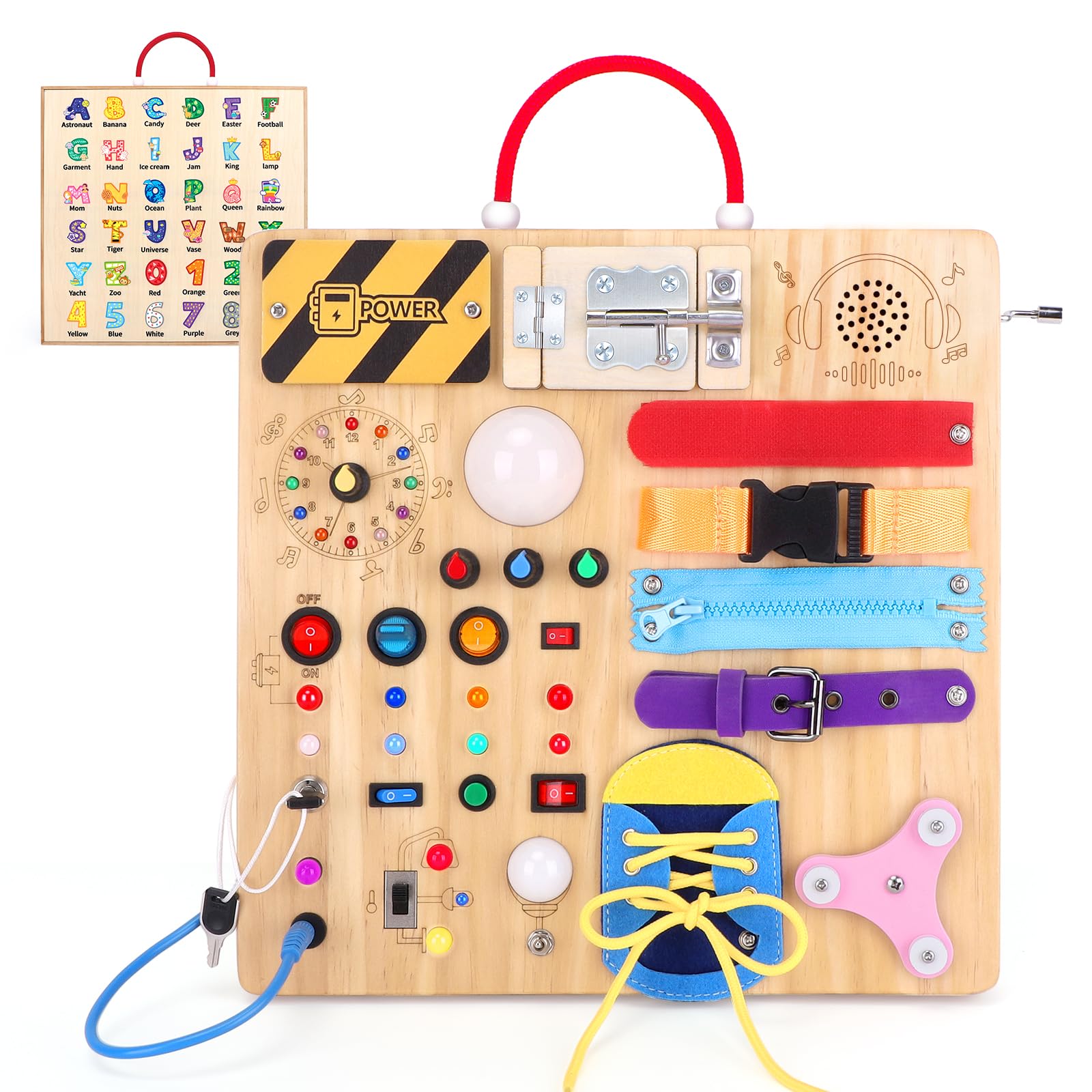 Iabedi Busy Board,Montessori Toys for 1-3 Years Old, Wooden Toddler Toys, Autism Sensory Travel Toy, Ideal Gift for 1+ Year Old Boys (Busy Board Plus v3)